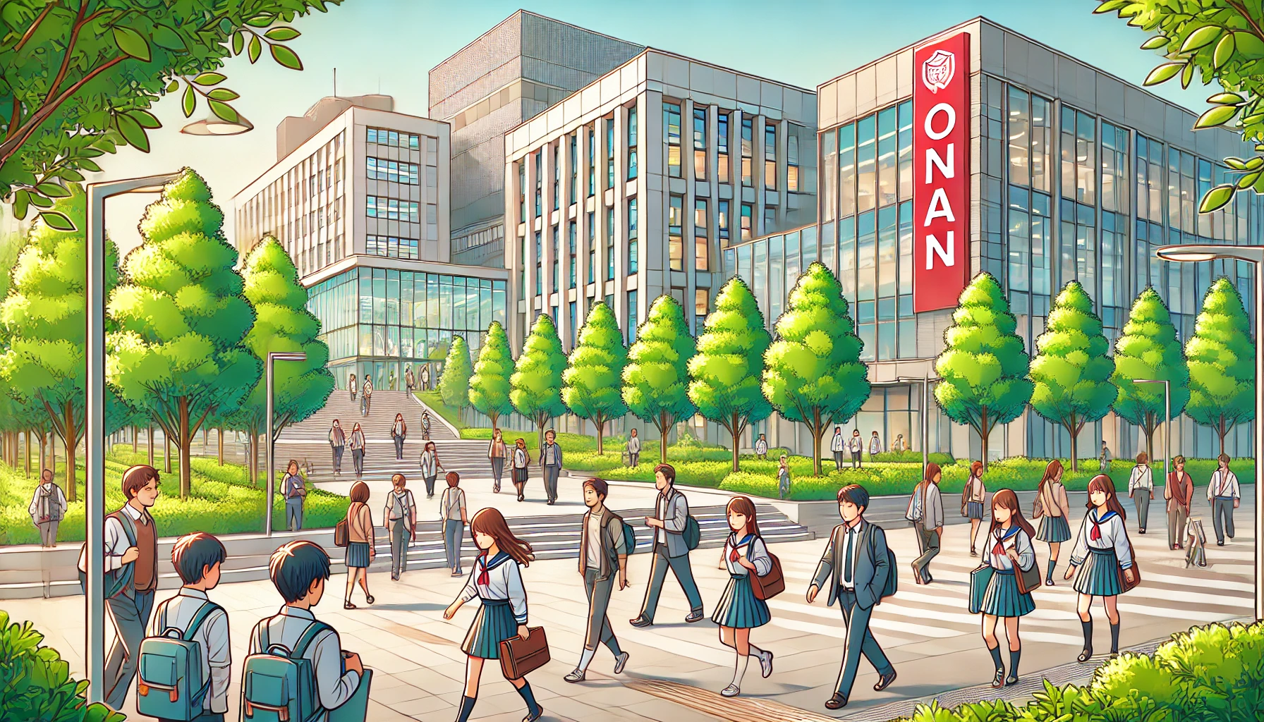 A vibrant university campus scene with students walking and talking, modern buildings in the background, and trees lining the pathways. The text 'KONAN' is visible in the image. The students are Japanese and the setting is lively and welcoming.