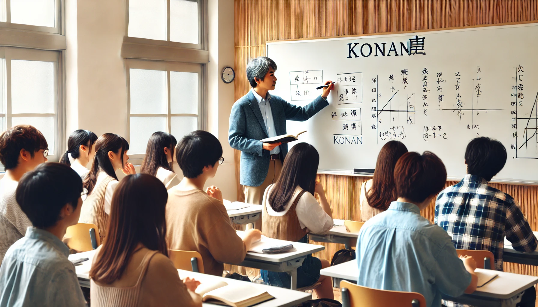 A Japanese professor giving a lecture to attentive Japanese students in a modern university classroom. The professor is writing on a whiteboard and the students are taking notes. The text 'KONAN' is visible in the image. The setting is educational and engaged.