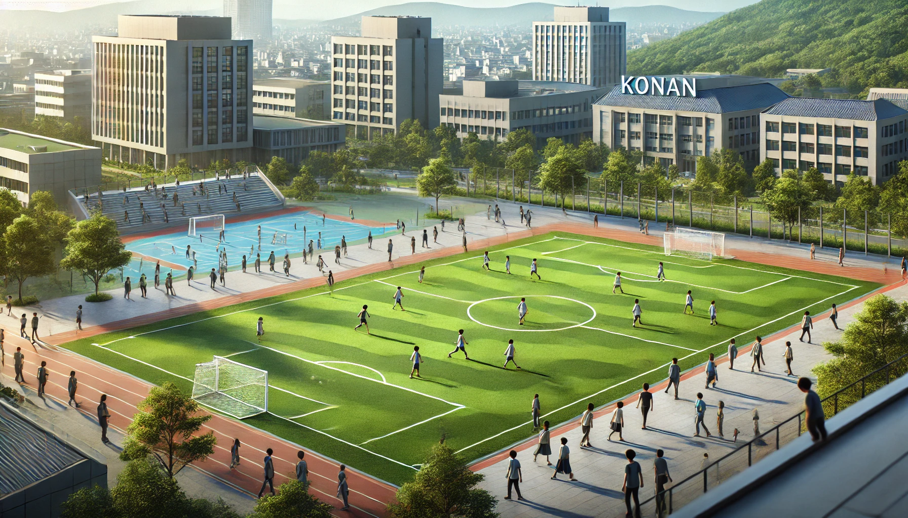 A modern university campus sports field with Japanese students playing soccer. The field is surrounded by trees and university buildings. The text 'KONAN' is visible in the image. The setting is active and energetic.