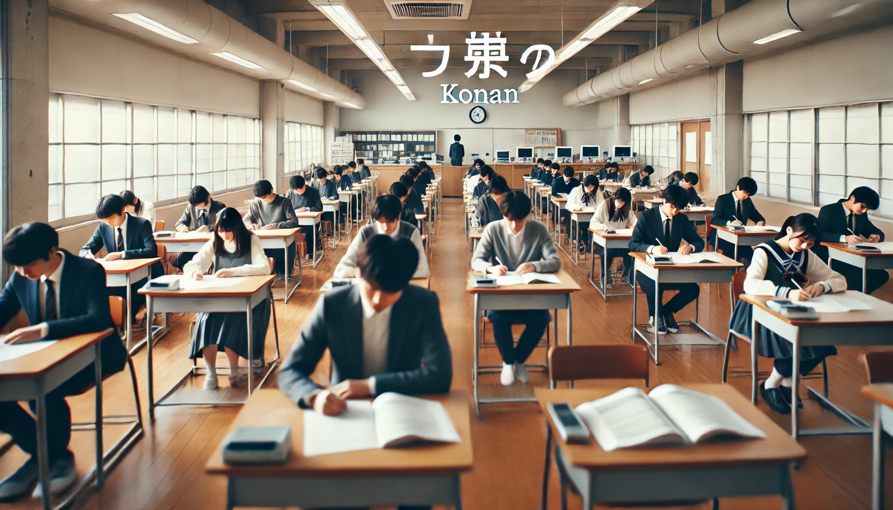 A group of Japanese students taking an entrance exam in a modern university classroom setting. The room is filled with desks and exam papers, with a focused atmosphere. The text 'KONAN' is visible in the image.