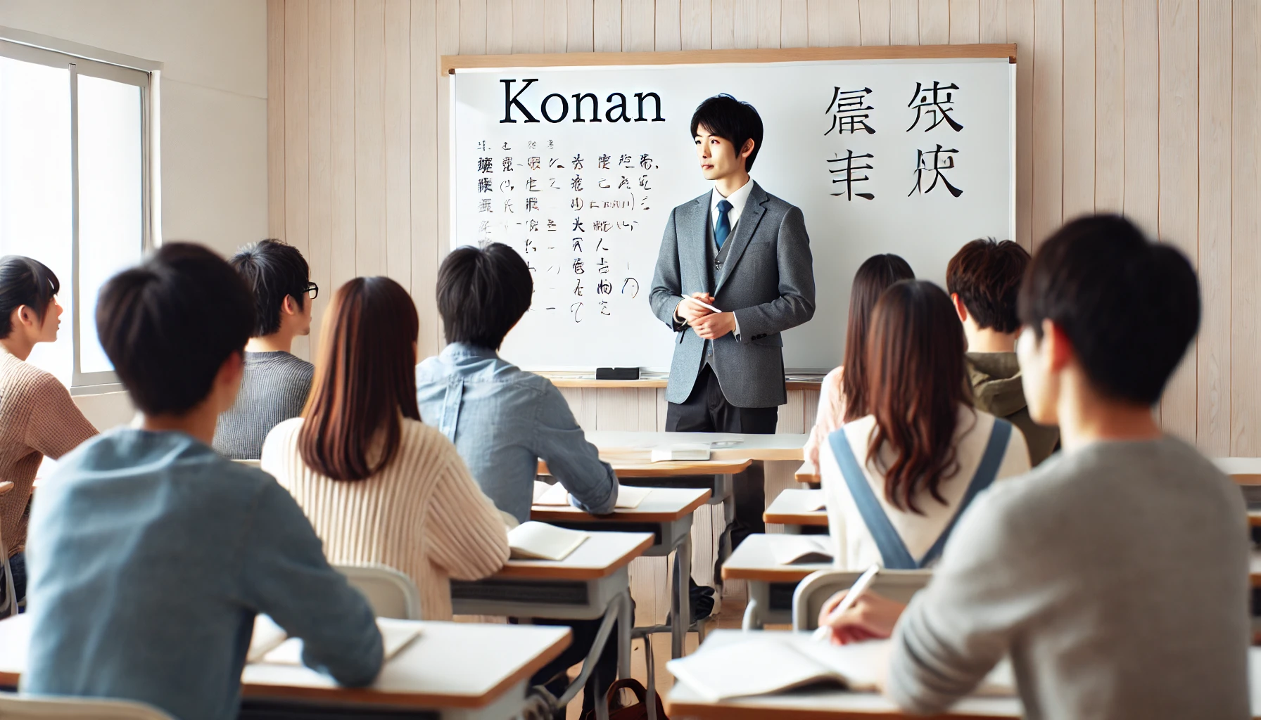 A Japanese professor giving a lecture to attentive students in a modern classroom. The professor is using a whiteboard and the students are taking notes. The text 'KONAN' is visible in the image.