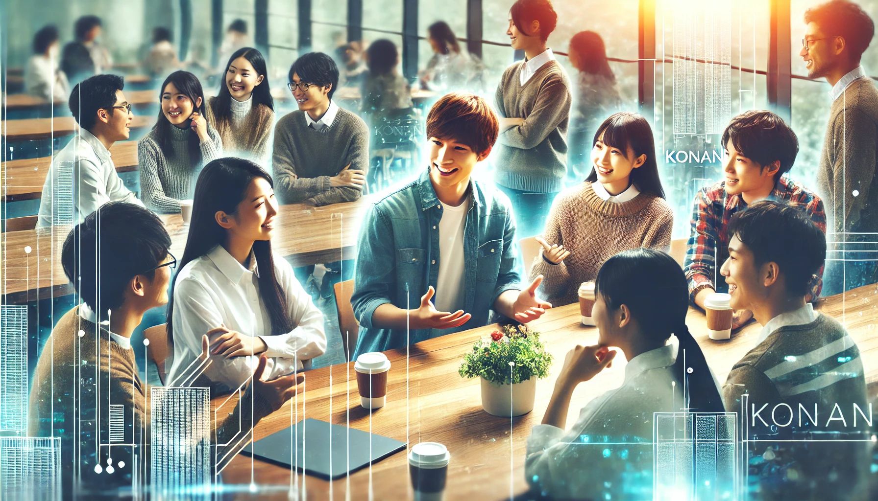 A diverse group of Japanese university students engaging in a discussion in a modern, open university campus setting. The environment is lively and collaborative. The text 'KONAN' is visible in the image.