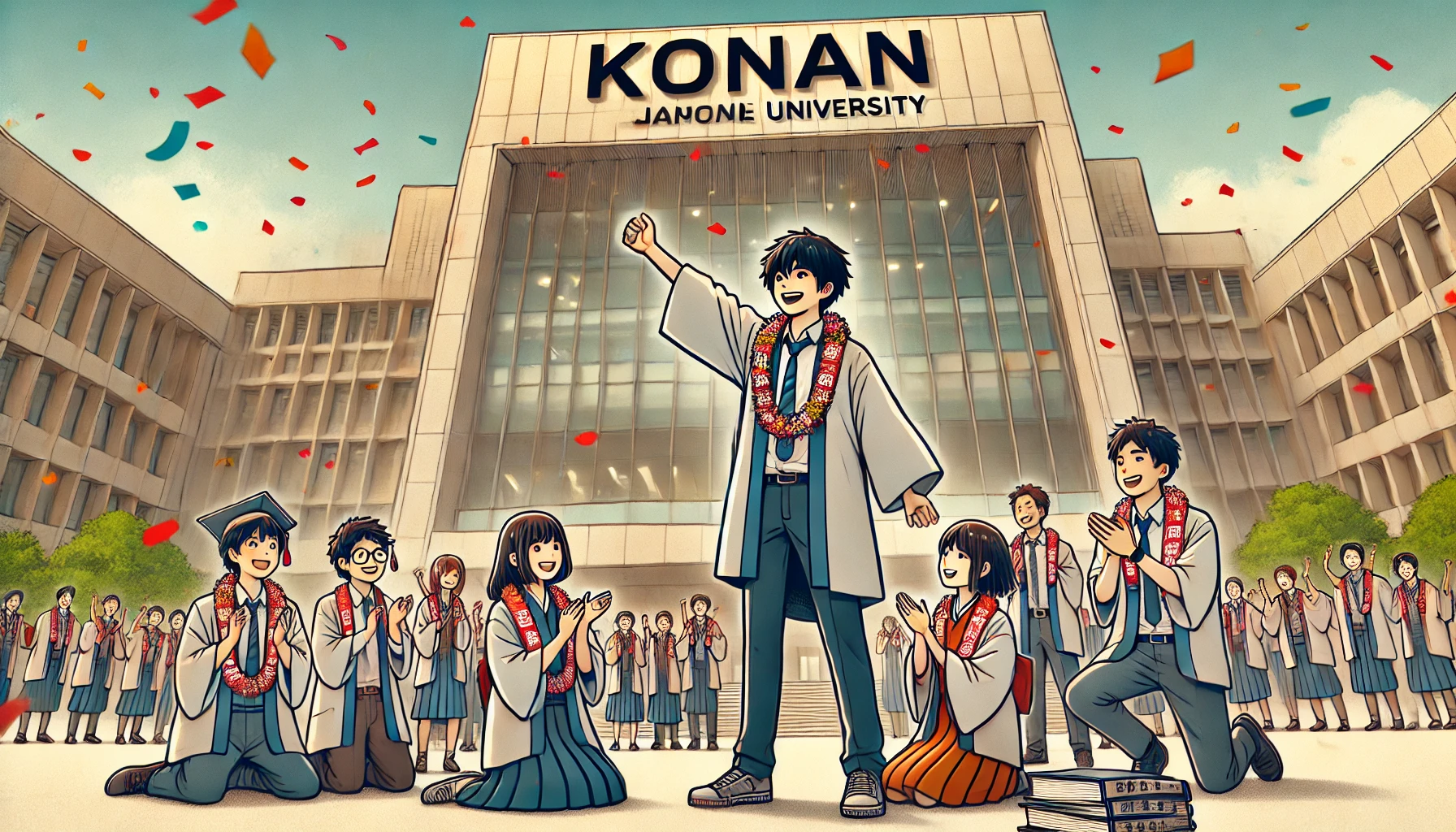 A group of Japanese university students celebrating their achievements in front of a modern university building. The atmosphere is joyous and festive. The text 'KONAN' is visible in the image.