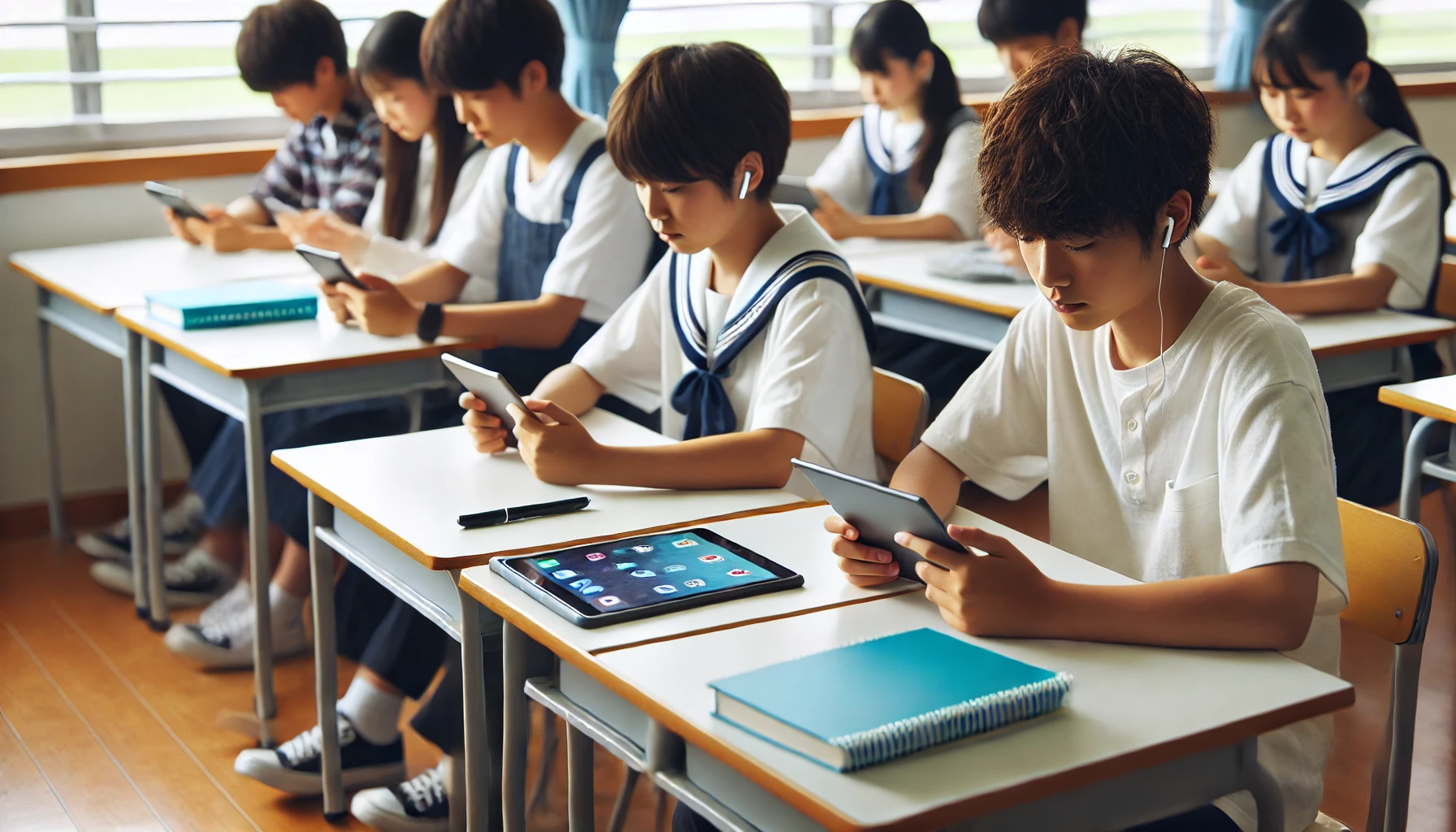 Japanese middle school students attending a summer class using tablets and smartphones, learning in a modern classroom environment. The image should be horizontal (16:9).