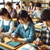 Japanese middle school students learning English using tablets and smartphones in a modern classroom. The students are engaged and interacting with the devices. The image should be horizontal (16:9).