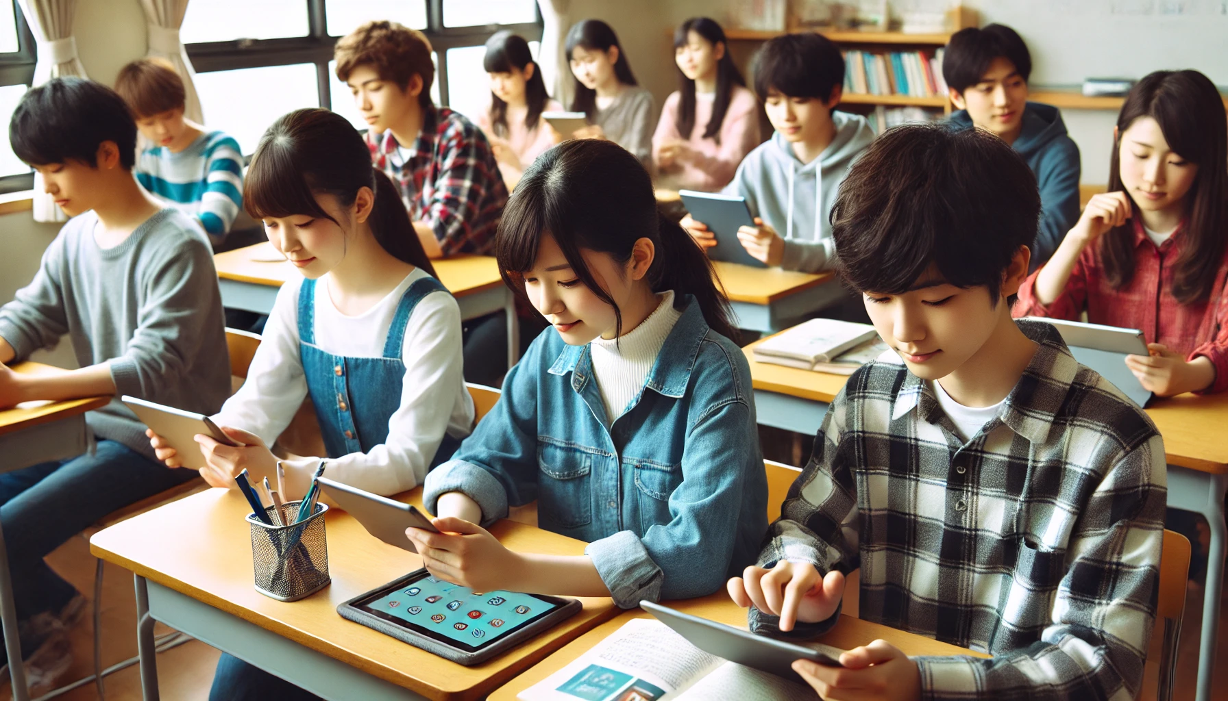 Japanese middle school students learning English using tablets and smartphones in a modern classroom. The students are engaged and interacting with the devices. The image should be horizontal (16:9).