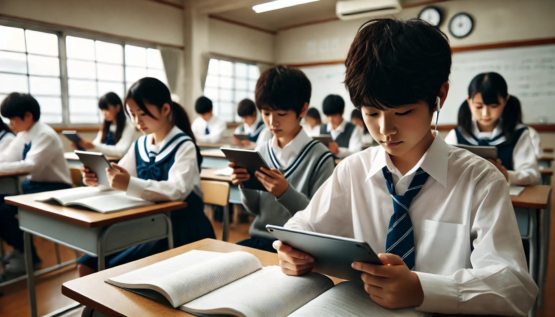 A group of Japanese middle school students using tablets and smartphones in a classroom, focusing on their studies. The environment is modern and conducive to learning. The image should be horizontal (16:9).