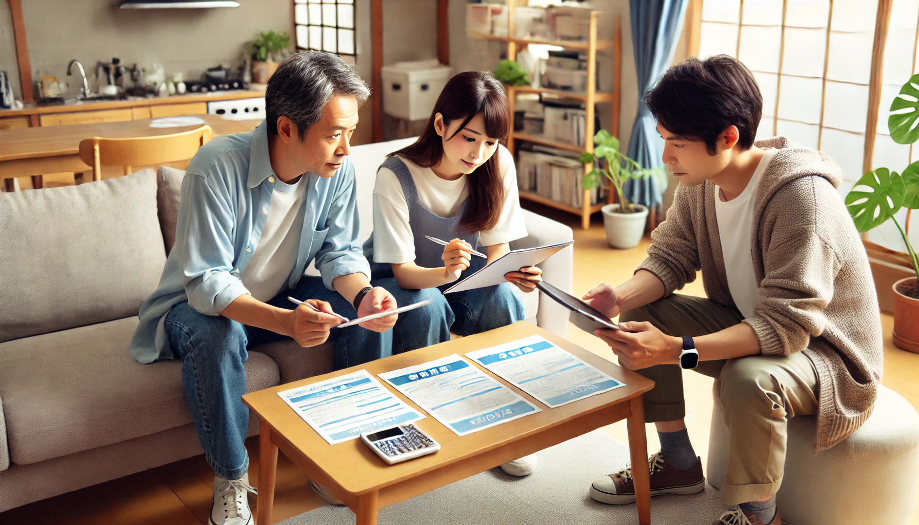 Japanese parents discussing and filling out application forms for a middle school learning program using tablets and smartphones. The environment is home-like and comfortable. The image should be horizontal (16:9).