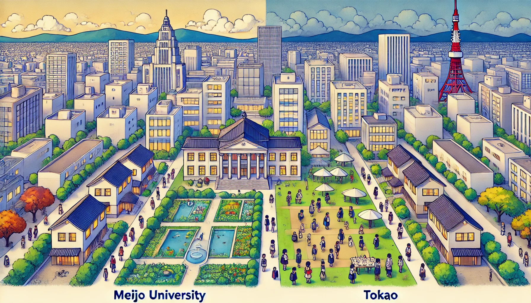 A comparison of Meijo University in the Tokai region with a corresponding university in Tokyo, highlighting the differences. Show a contrast between modern and traditional buildings, diverse student activities, and different campus layouts.