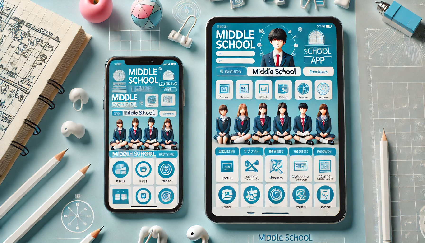 A modern tablet and smartphone displaying a middle school learning app interface, suitable for Japanese students. The interface shows a variety of subjects and interactive features.