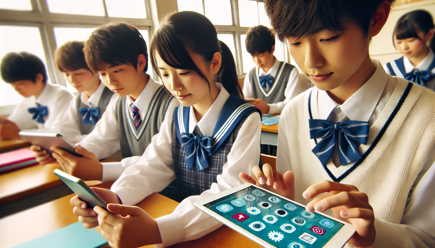 Japanese middle school students using tablets and smartphones to learn, showing the interactive learning app. The students are engaged and focused, showcasing the convenience and appeal of using modern devices for education.