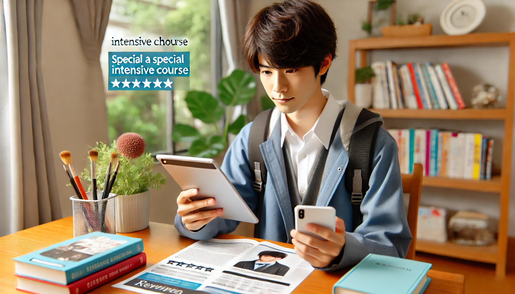 A Japanese high school student reading reviews about a special intensive course through a tablet and smartphone. The background shows a modern home environment with a study desk and educational materials.