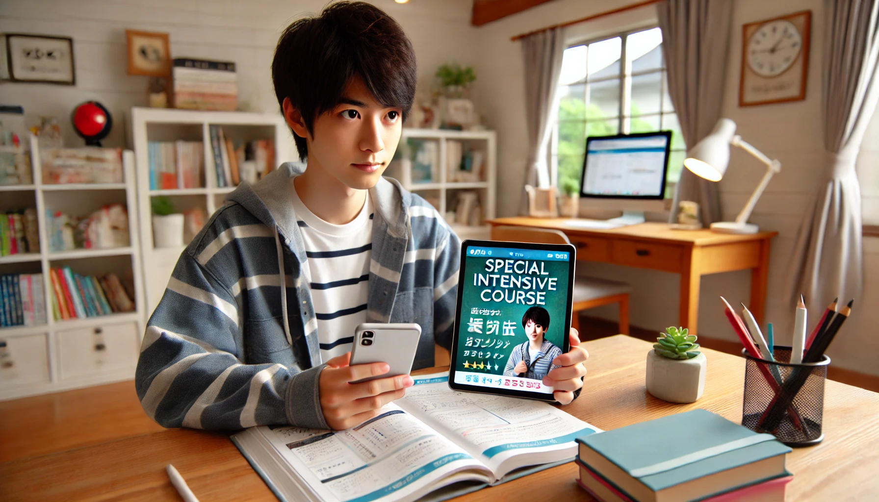 A Japanese high school student looking at the popularity of a special intensive course through a tablet and smartphone. The background shows a modern home environment with a study desk and educational materials.