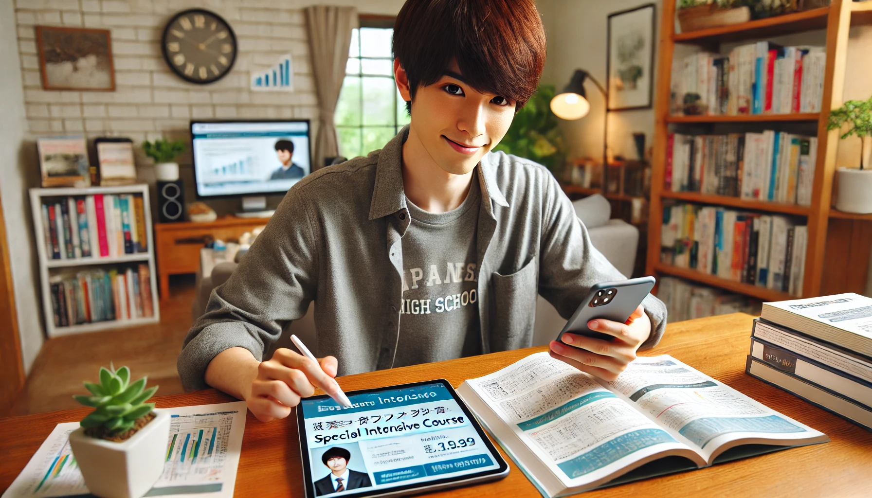 A Japanese high school student enjoying the benefits of a special intensive course through a tablet and smartphone. The setting is a modern home environment with educational materials and a study desk in the background.