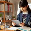 A Japanese high school student studying with a tablet and smartphone, focusing on a special intensive course. The background is a modern home setting, with a study desk and educational materials visible.