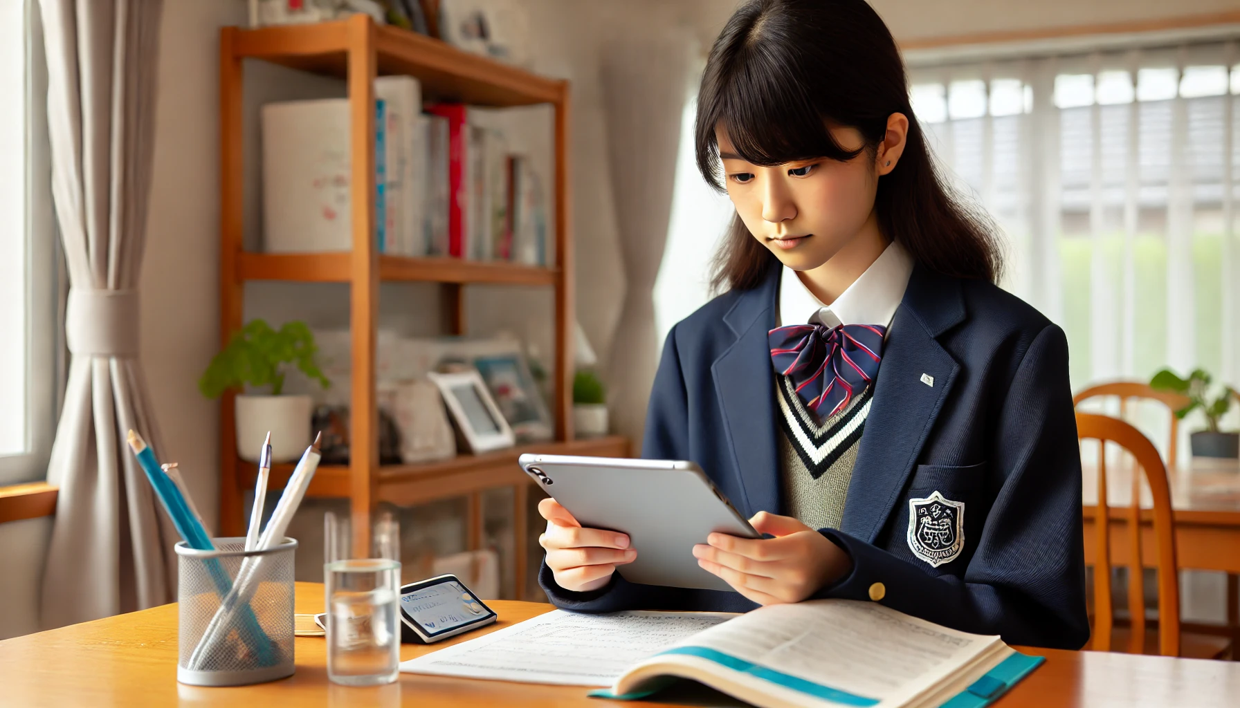 A Japanese high school student studying with a tablet and smartphone, focusing on a special intensive course. The background is a modern home setting, with a study desk and educational materials visible.