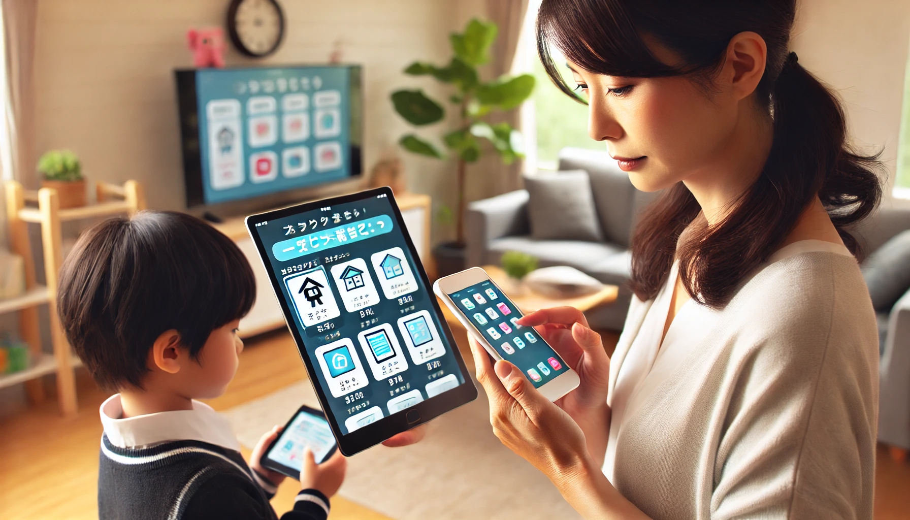 A Japanese parent considering enrolling their child in a learning course that can be accessed via tablet and smartphone app. The setting includes a modern home environment with the parent holding a tablet, looking at educational app options.