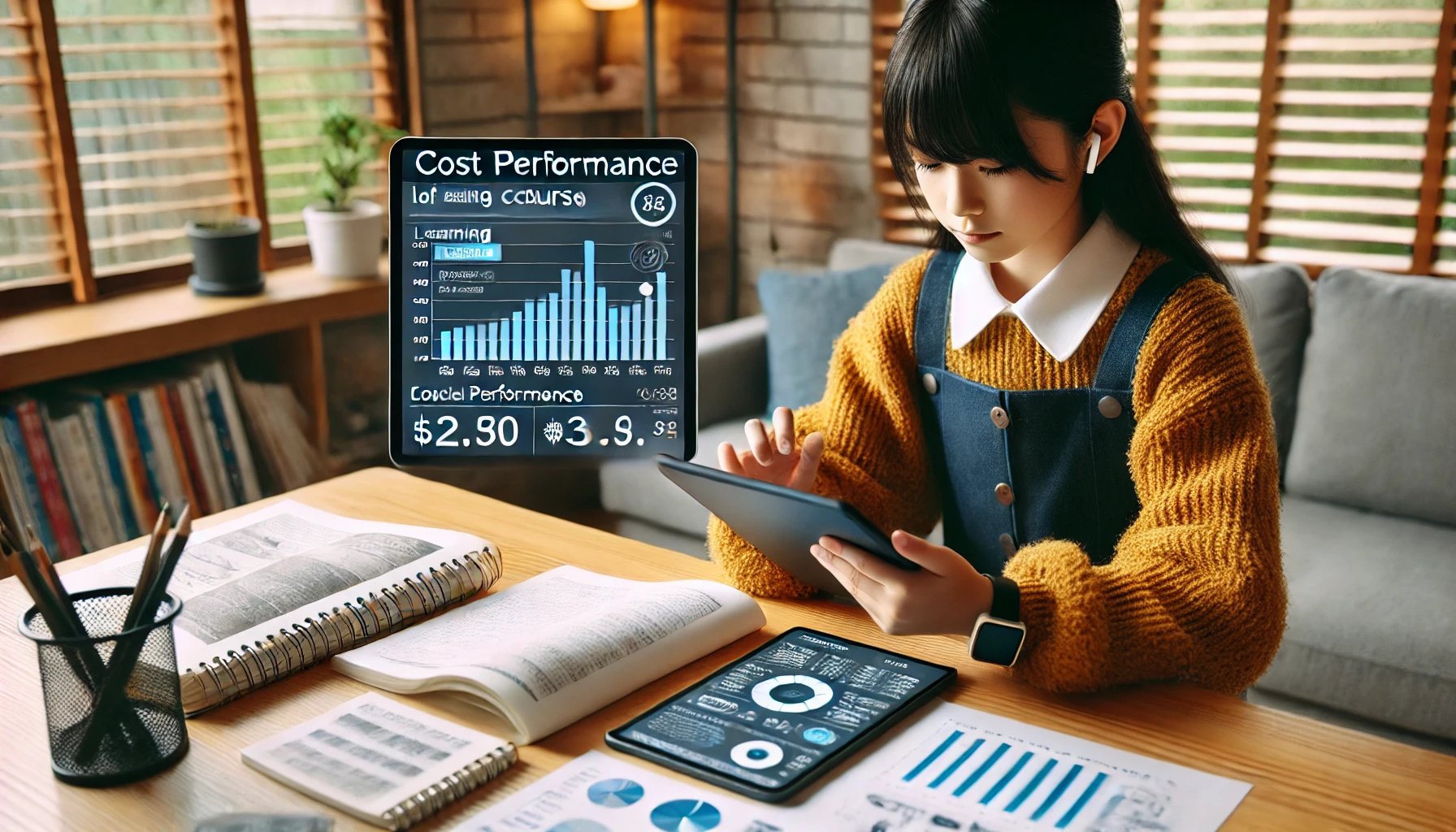 A Japanese middle school student evaluating the cost performance of a learning course on a tablet and smartphone app, in a modern study room. The setting includes financial charts and graphs on the screen, along with study materials.