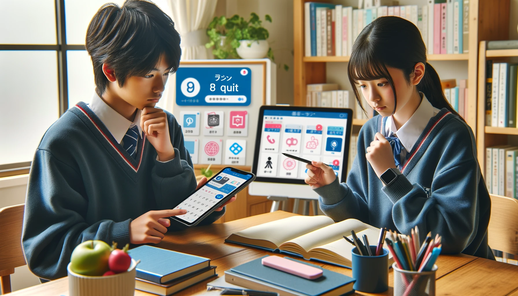 A Japanese middle school student deciding when to quit a learning course on a tablet and smartphone app, in a modern study room. The setting includes a digital calendar and various educational apps on the screen.