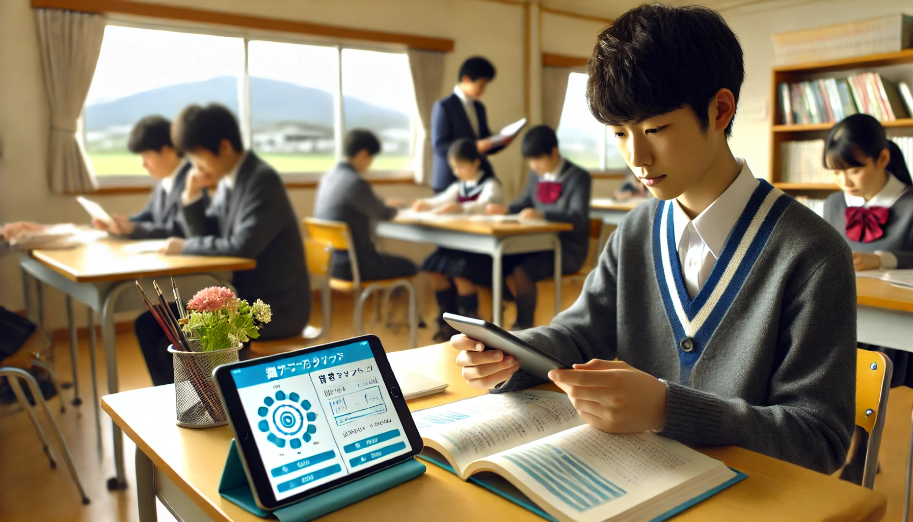 A Japanese middle school student studying with a tablet and smartphone app, comparing with traditional tutoring at a desk. The setting should be a modern, bright study room with both digital and physical learning materials.