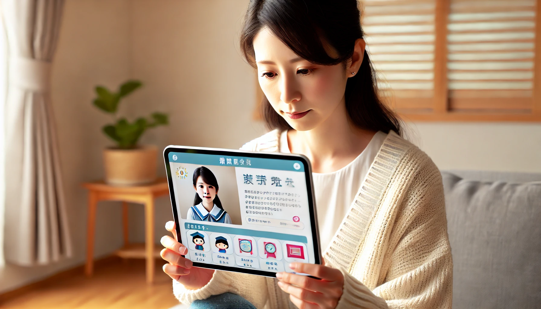 A Japanese parent looking at a tablet or smartphone app, considering enrolling their child in a learning course. The setting is a bright home environment, and the parent appears thoughtful and interested in the course features displayed on the device.