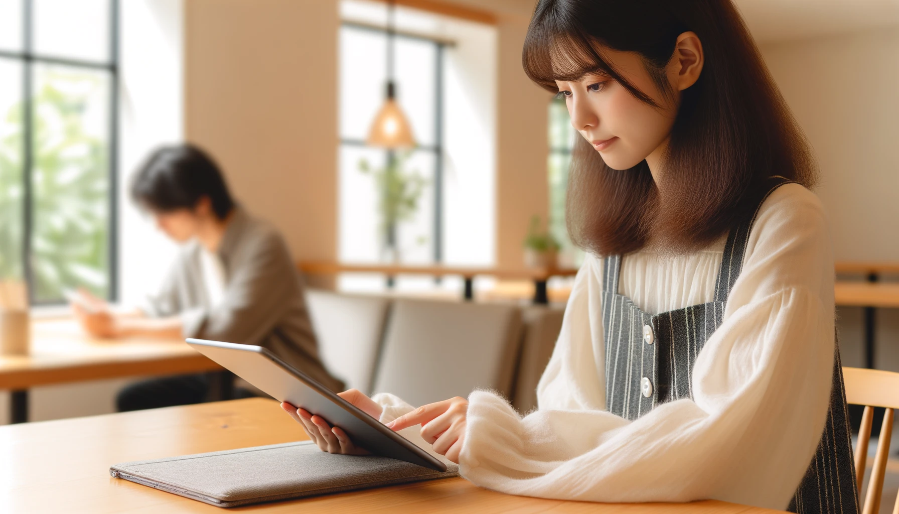 A Japanese student using a tablet or smartphone app for learning in a bright and modern setting, studying diligently with the course content visible on the device. The environment is quiet and conducive to learning.