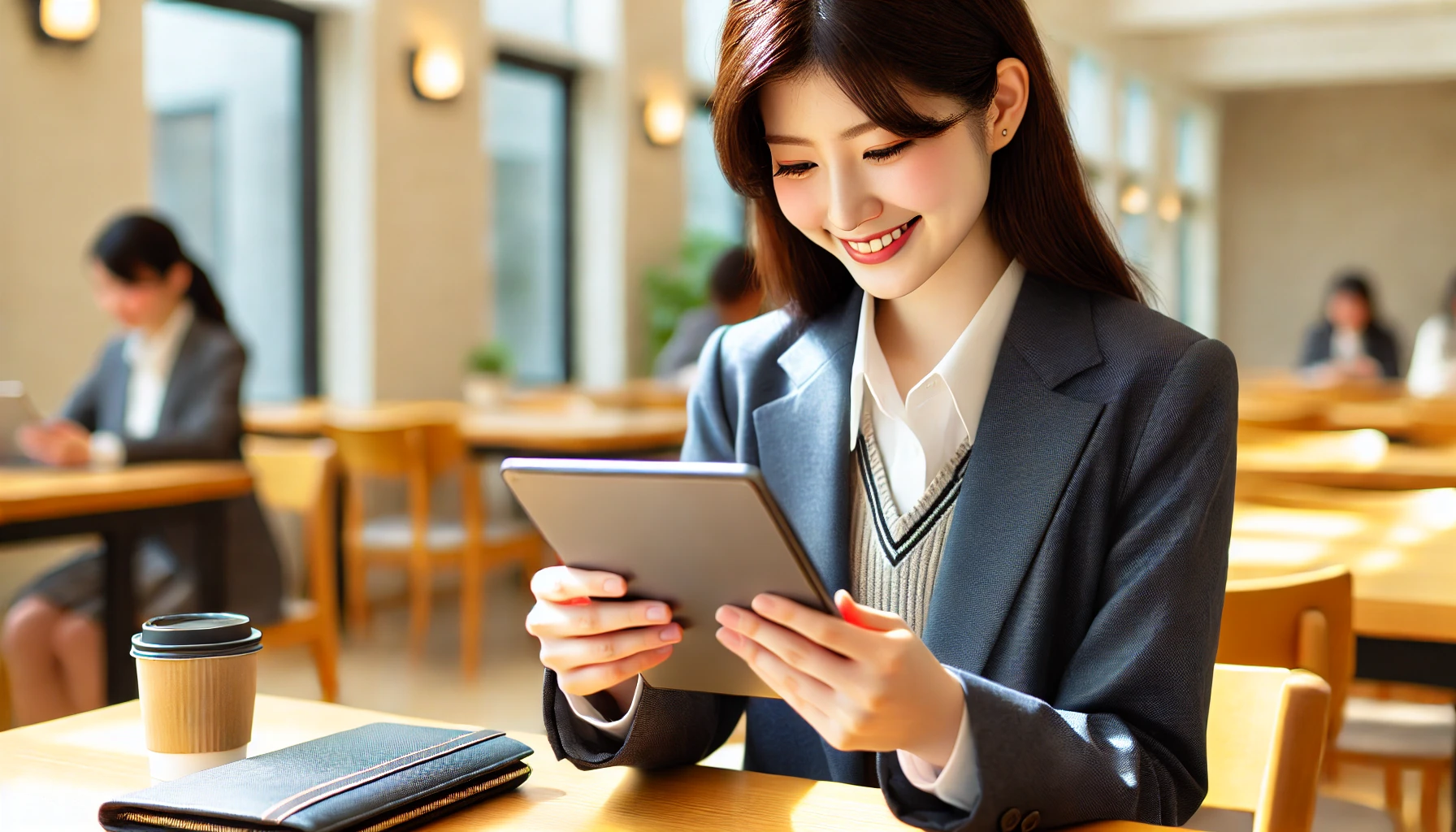 A Japanese student using a tablet or smartphone app for learning in a bright and modern setting, indicating the suitability of the learning course for different users. The student appears happy and satisfied with the learning experience.