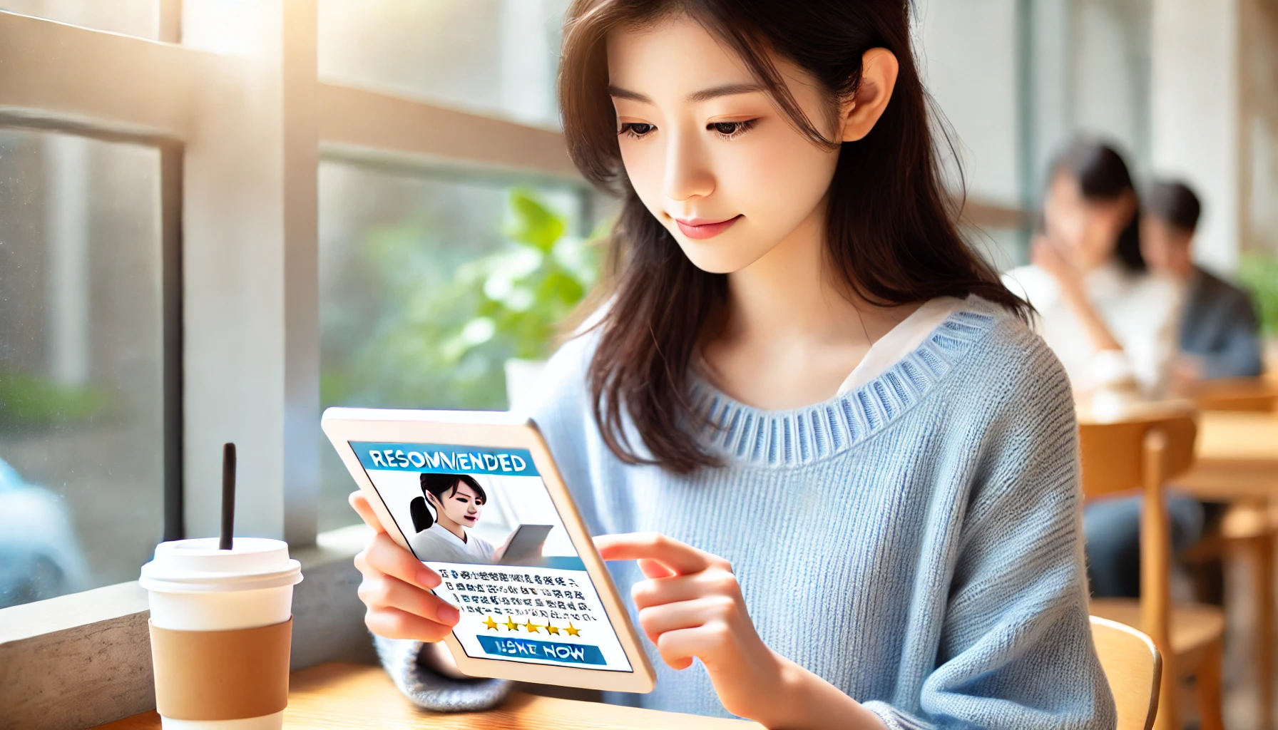 A Japanese student using a tablet or smartphone app for learning in a bright and modern setting, highlighting the recommended features of the learning course. The student appears focused and engaged with the content on the device.