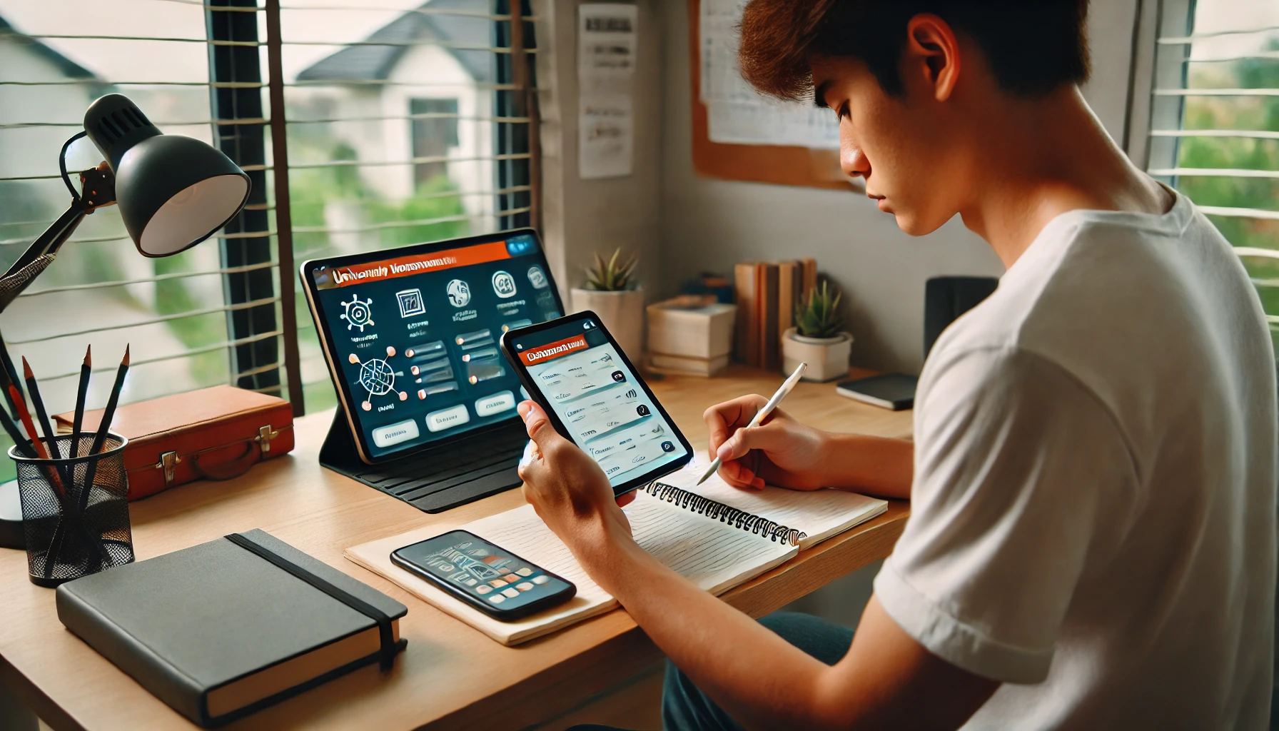 A high school student studying for university entrance exams using a tablet and smartphone app at home. The scene shows a modern study desk with a tablet and smartphone, with educational content on the screens. The student appears focused and is taking notes in a notebook.