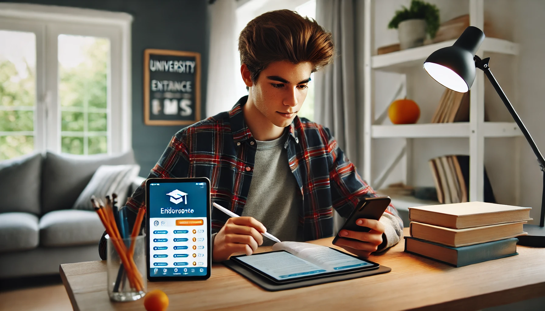 A high school student using a tablet and smartphone app to study for university entrance exams at home. The scene shows the student seated at a modern study desk with educational materials on the screens, looking motivated and engaged.