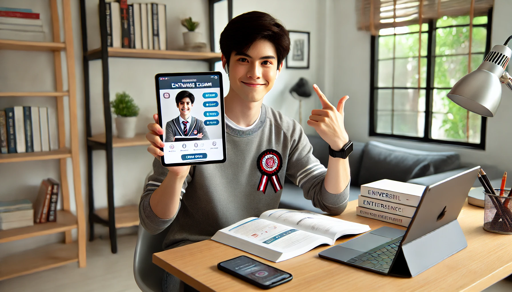 A high school student confidently using a tablet and smartphone app to study for university entrance exams at home. The student is sitting at a sleek, organized study desk with educational content displayed on the screens, appearing enthusiastic and focused.