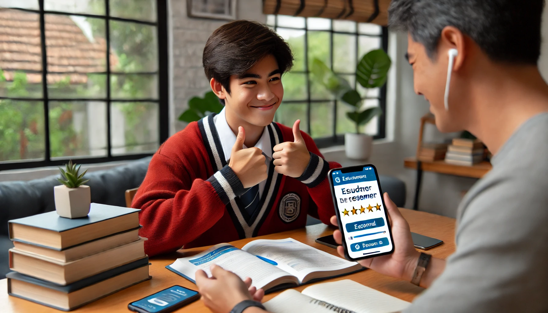 A high school student receiving praise from a teacher through a tablet and smartphone app for studying for university entrance exams at home. The student is at a modern study desk with educational content on the screens, looking pleased and encouraged.