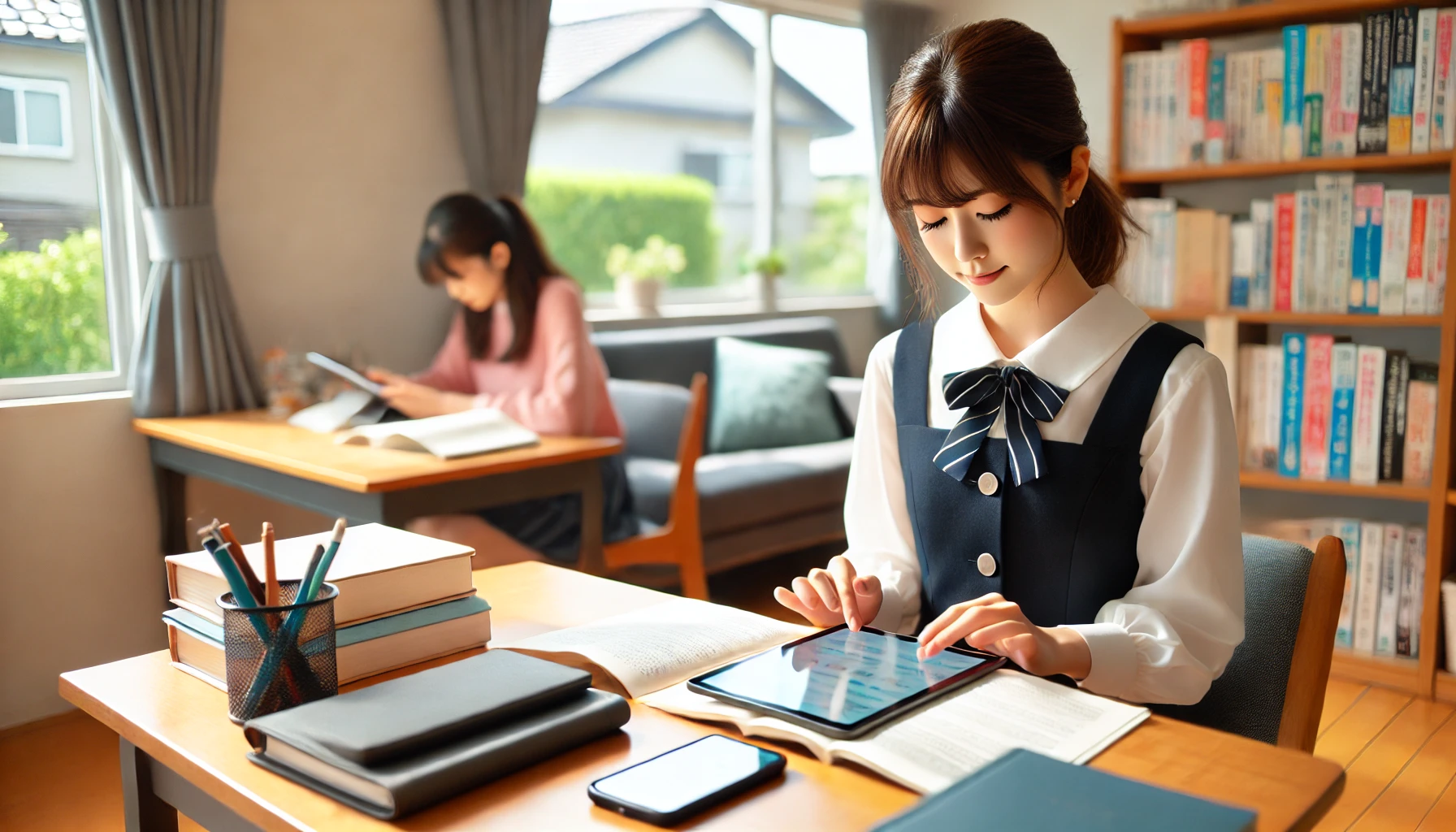 A Japanese high school girl sitting at a desk, using a tablet and smartphone to study for university entrance exams. The room is well-lit and organized, showcasing a productive study environment. This image highlights the recommended aspects of using tablet and smartphone apps for studying without attending a traditional cram school.