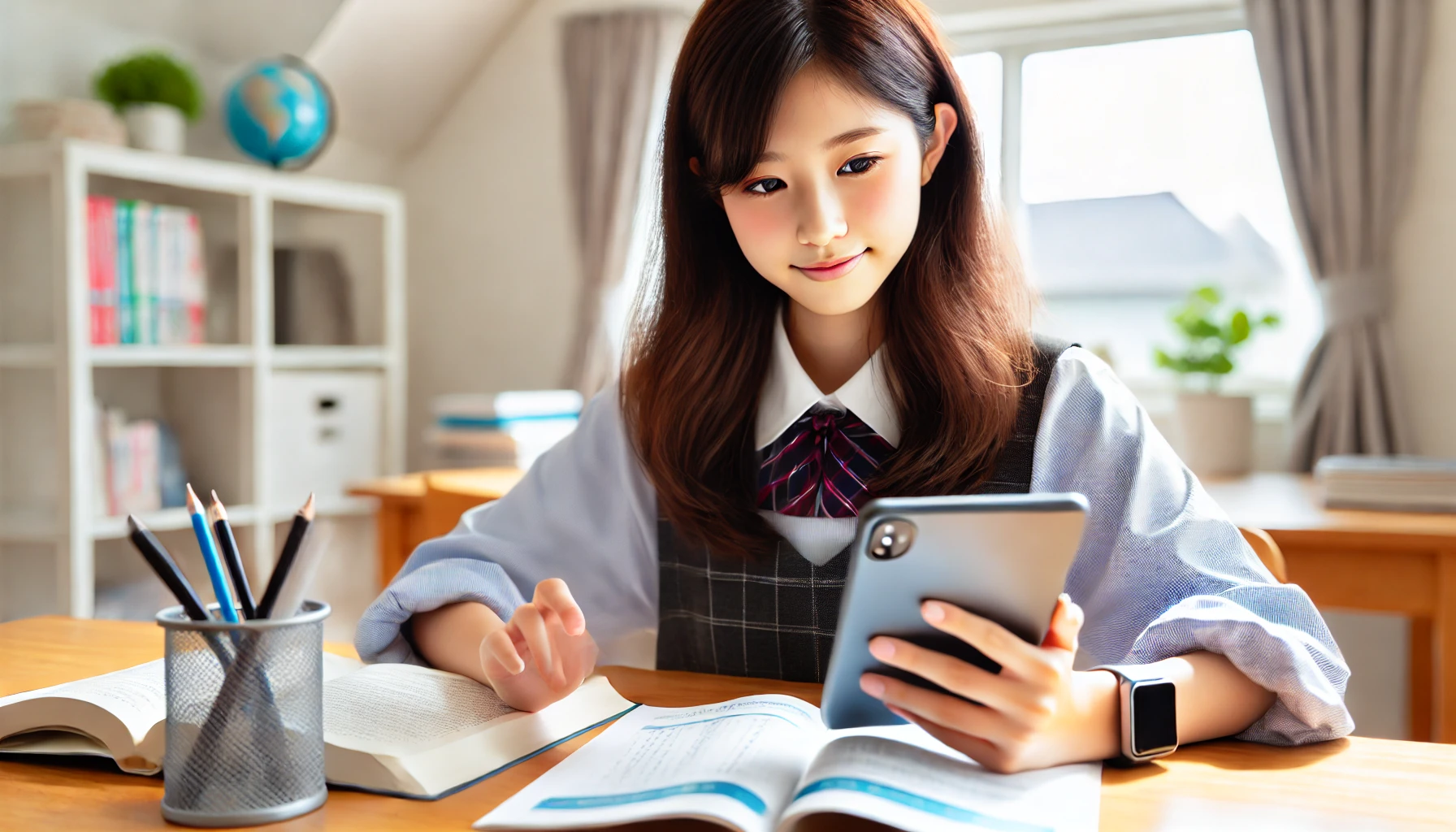 A Japanese high school girl confidently using a tablet and smartphone for studying, sitting at a desk with study materials around her. The setting is bright and modern, emphasizing the appeal of using technology for exam preparation without traditional cram schools.