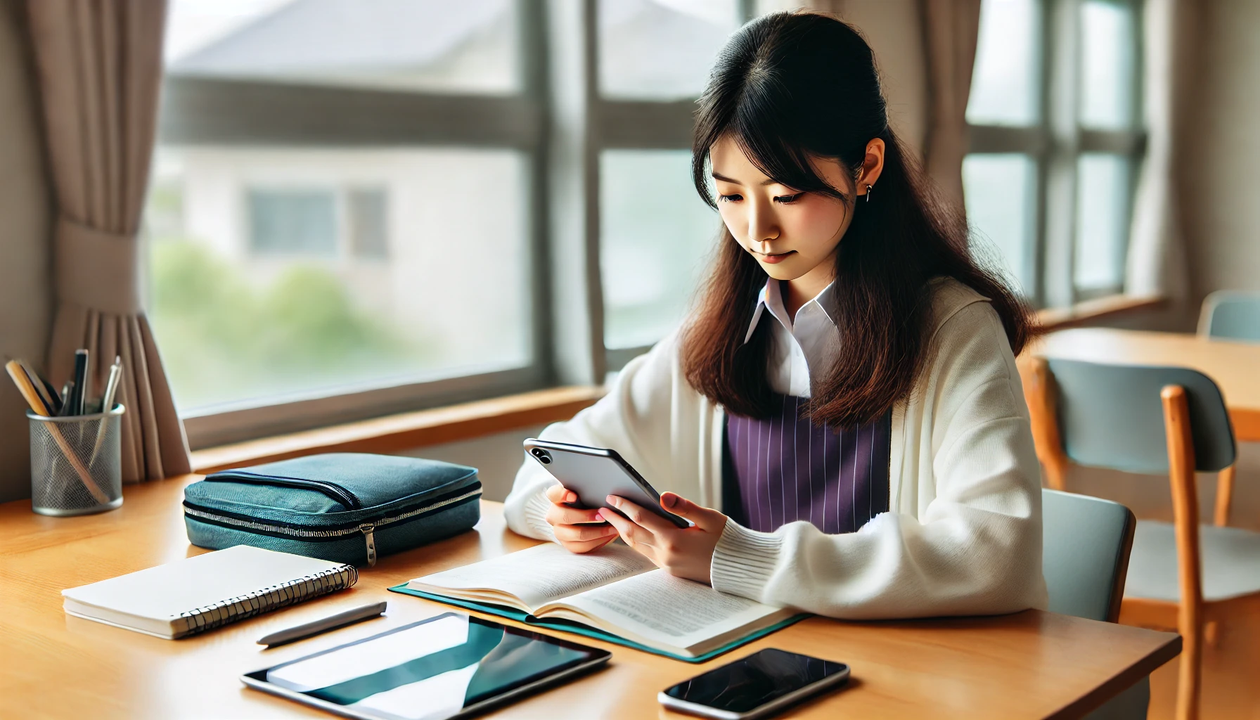 A Japanese high school girl studying at her desk with a tablet and smartphone, focusing on her studies. The room is well-lit and has a modern feel, showcasing how technology can aid in university exam preparation without the need for a traditional cram school.