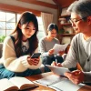 A Japanese high school girl using a tablet and smartphone while discussing study plans with her parent. The room is cozy and inviting, highlighting the supportive role of parents in choosing effective study methods for university entrance exams without traditional cram schools.