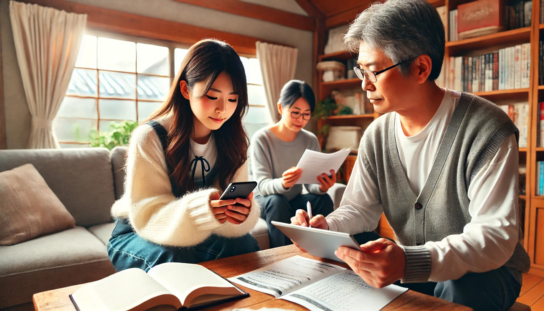 A Japanese high school girl using a tablet and smartphone while discussing study plans with her parent. The room is cozy and inviting, highlighting the supportive role of parents in choosing effective study methods for university entrance exams without traditional cram schools.