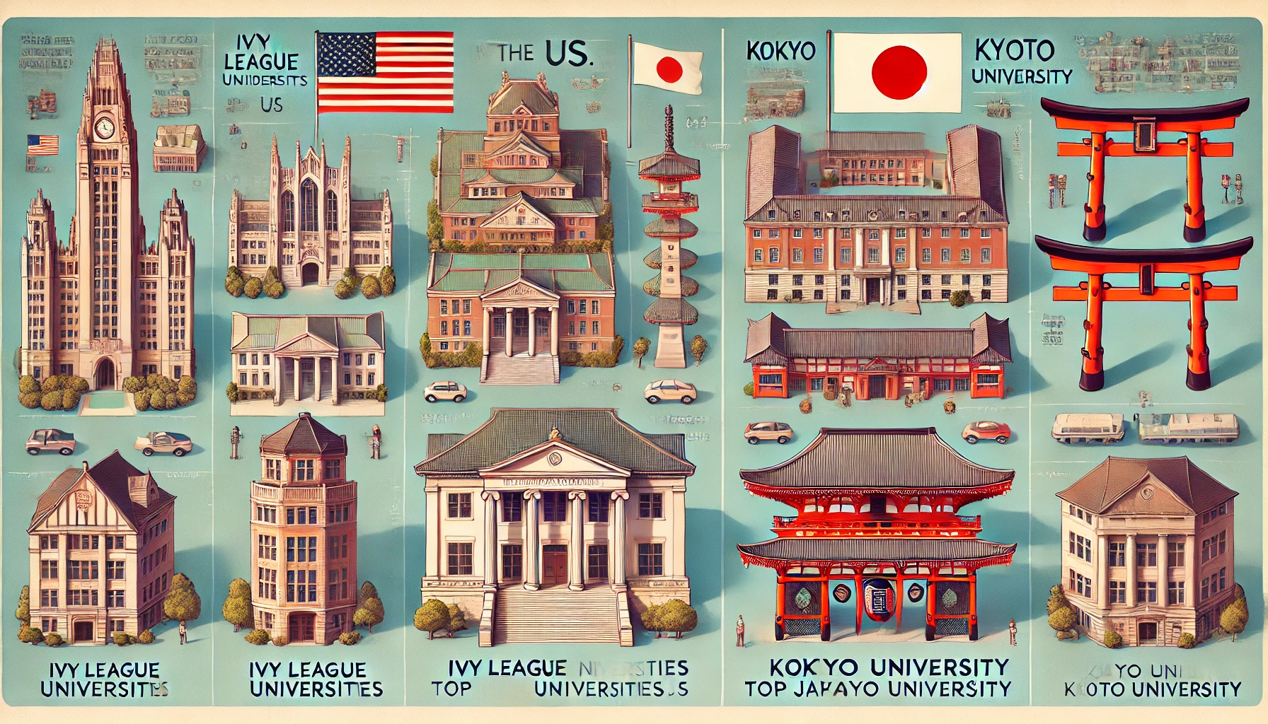 A comparative illustration showing Ivy League universities in the US alongside top Japanese universities like Tokyo University and Kyoto University. The image should highlight key buildings and landmarks from both countries, emphasizing their cultural and architectural differences.