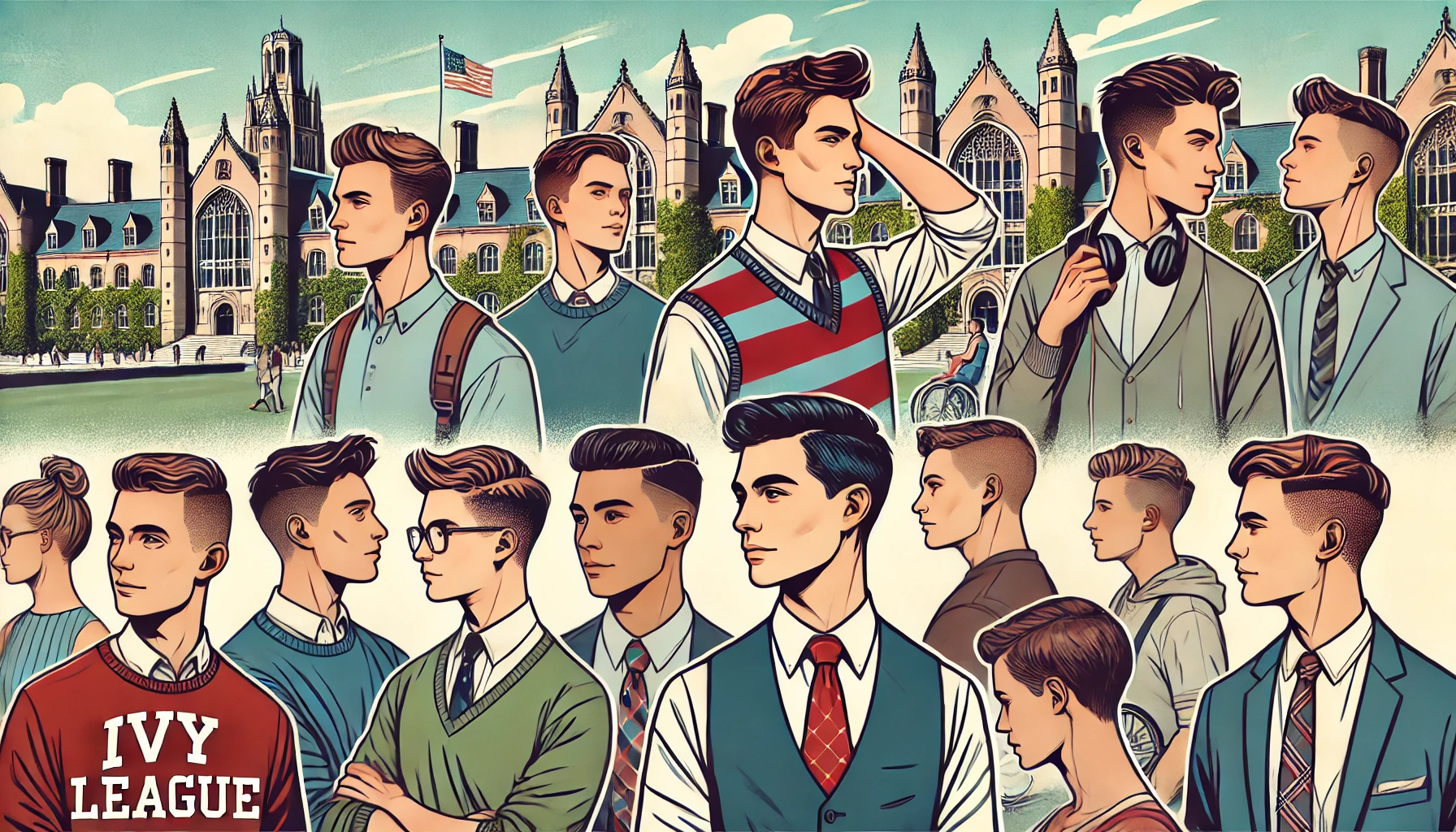 Illustration of Ivy League students with diverse and stylish hairstyles, including the traditional Ivy League cut. The scene shows students in various fashionable haircuts, both male and female, set against a backdrop of Ivy League campus buildings.