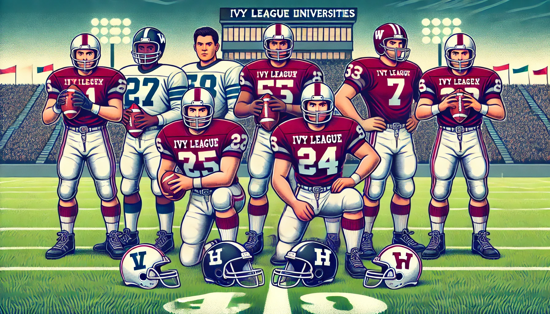 Illustration of a team of American football players selected from Ivy League universities, wearing their uniforms and helmets. The scene is set on a football field with a stadium in the background.