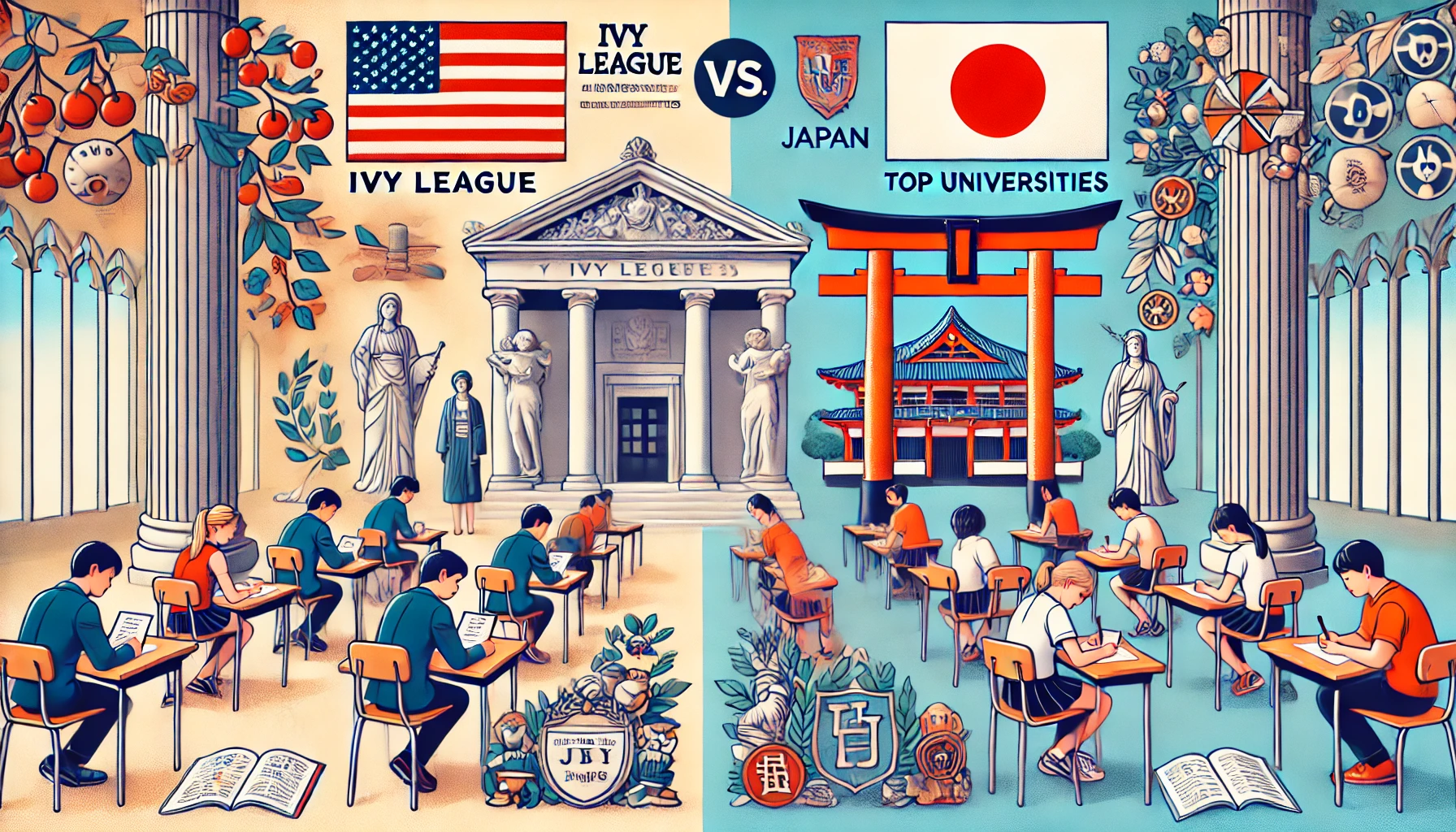 Illustration comparing the entrance exams of prestigious Ivy League universities in America and top universities in Japan. The scene includes students taking exams, exam papers, and symbols representing both the Ivy League and Japanese universities.