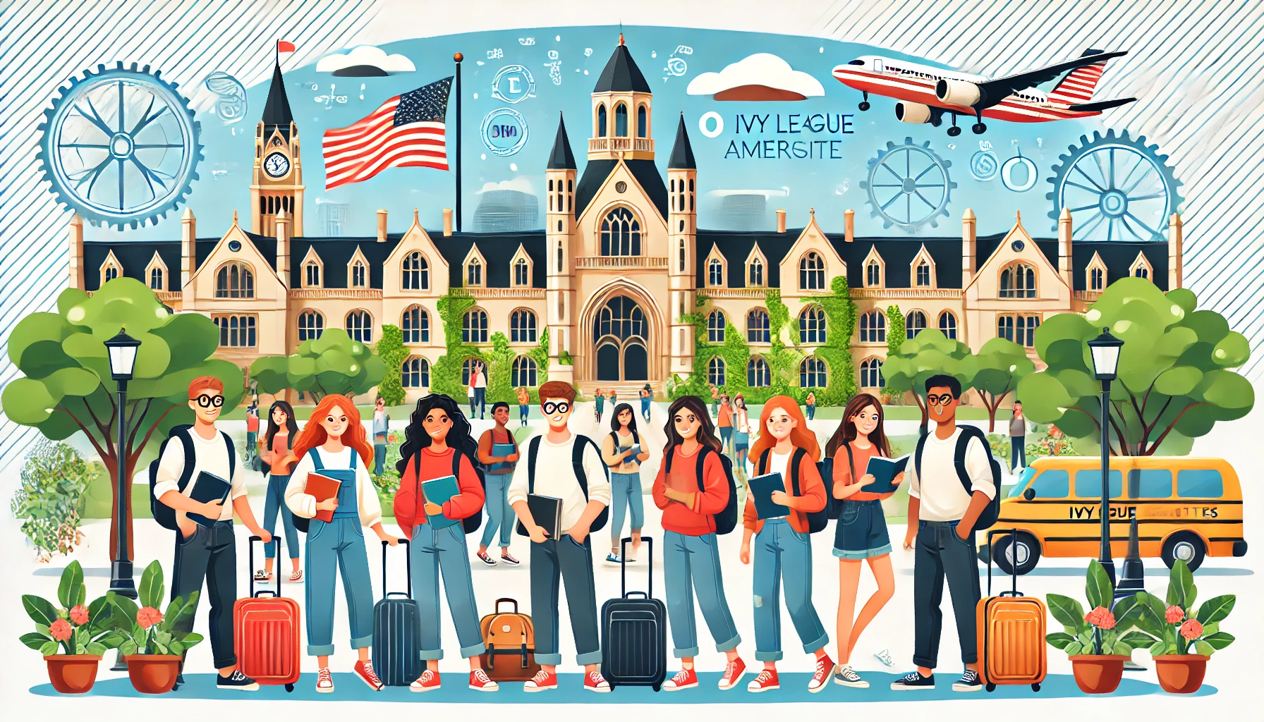 Illustration of students preparing to study abroad at prestigious Ivy League universities in America. The scene includes diverse students with books, suitcases, and a backdrop of iconic Ivy League campus buildings.