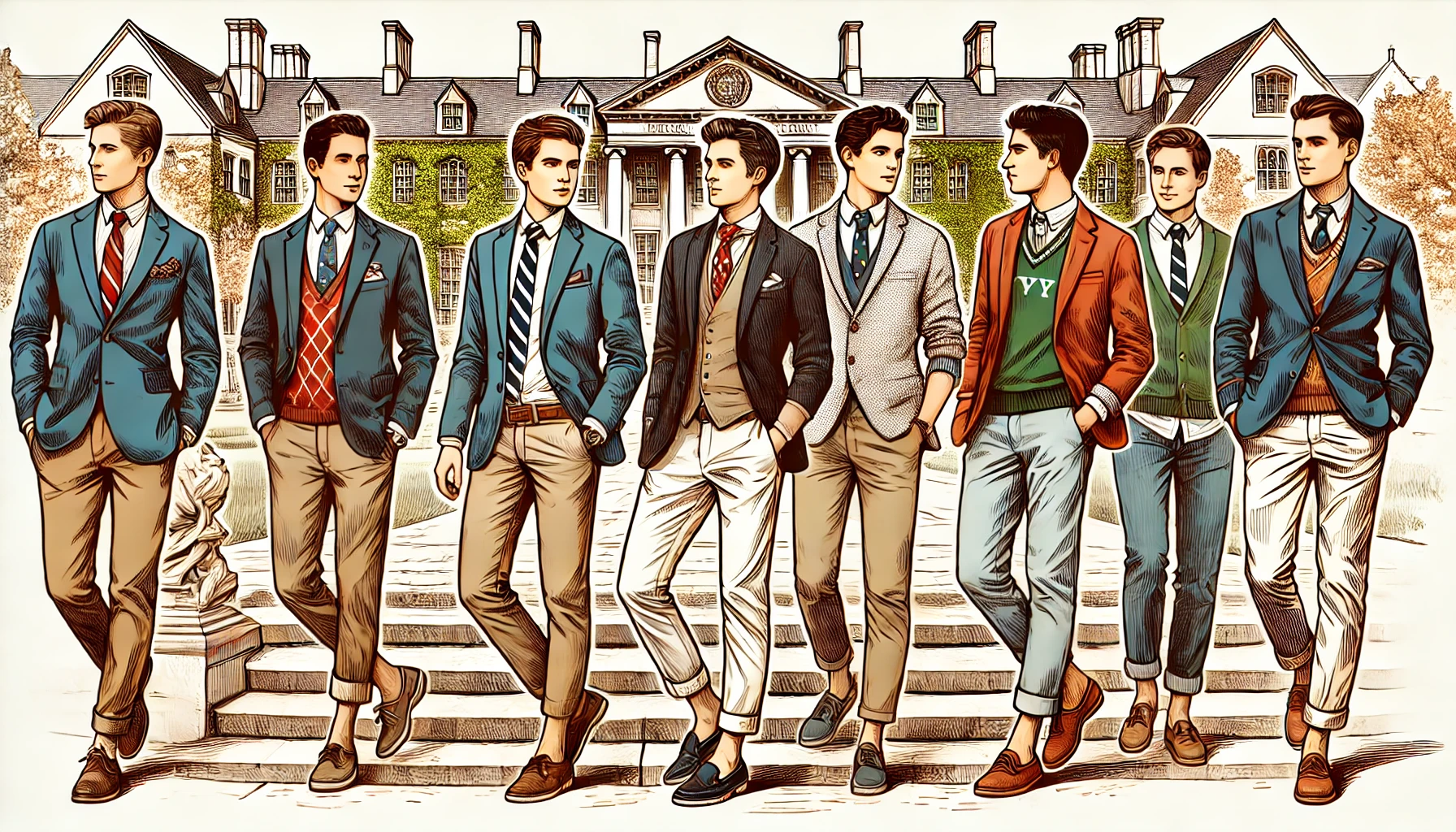 An illustration of stylish fashion culture at Ivy League universities, showing students in classic Ivy League attire such as blazers, button-down shirts, chinos, and loafers. The setting should be on a university campus with historic buildings and a casual, sophisticated atmosphere.