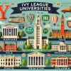 An illustration of the Ivy League universities ranking, featuring a top 10 list with logos and notable buildings of universities like Harvard, Yale, Princeton, and Columbia. The image should have a modern, infographic style with vibrant colors and clear text.