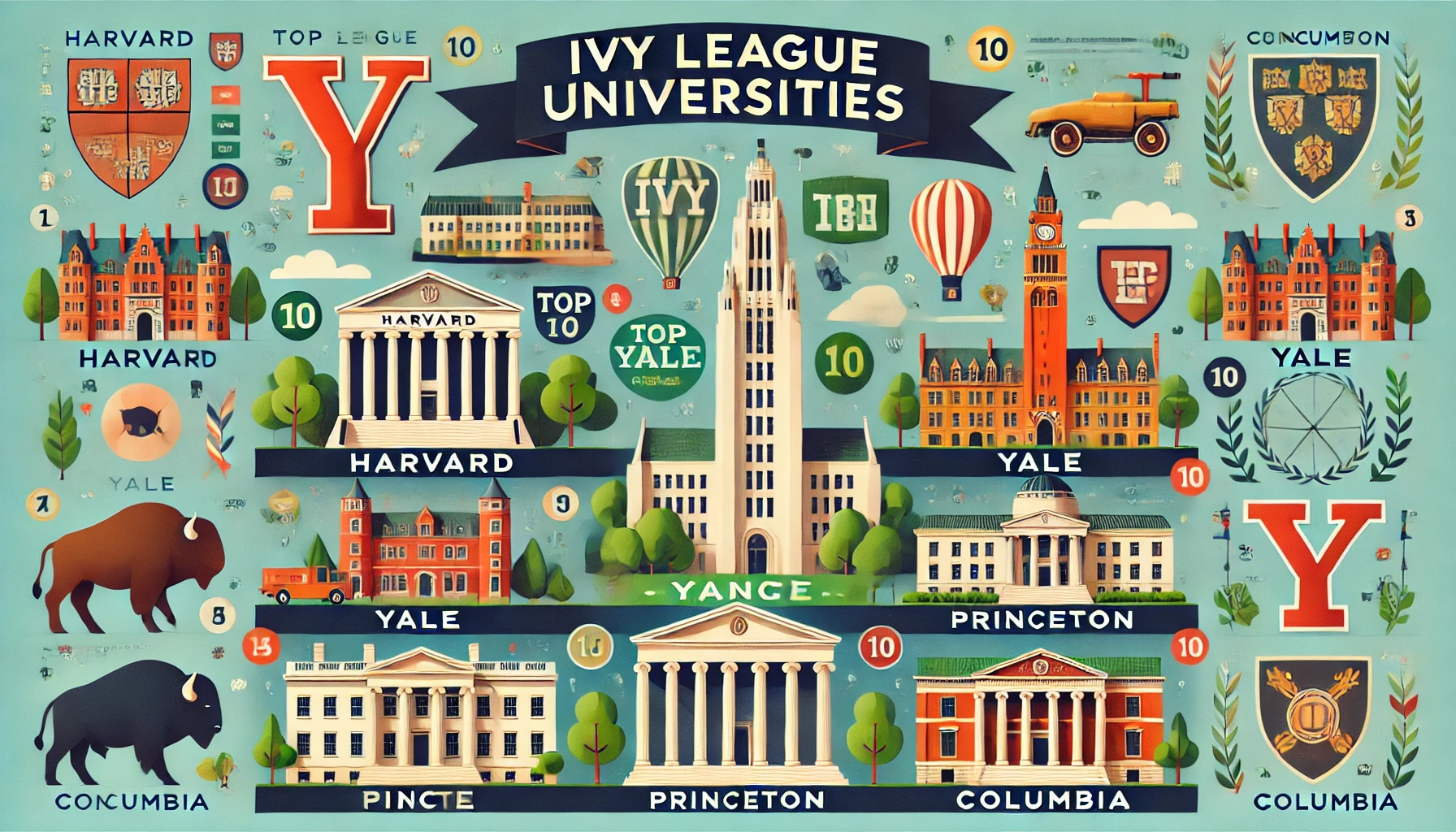 An illustration of the Ivy League universities ranking, featuring a top 10 list with logos and notable buildings of universities like Harvard, Yale, Princeton, and Columbia. The image should have a modern, infographic style with vibrant colors and clear text.