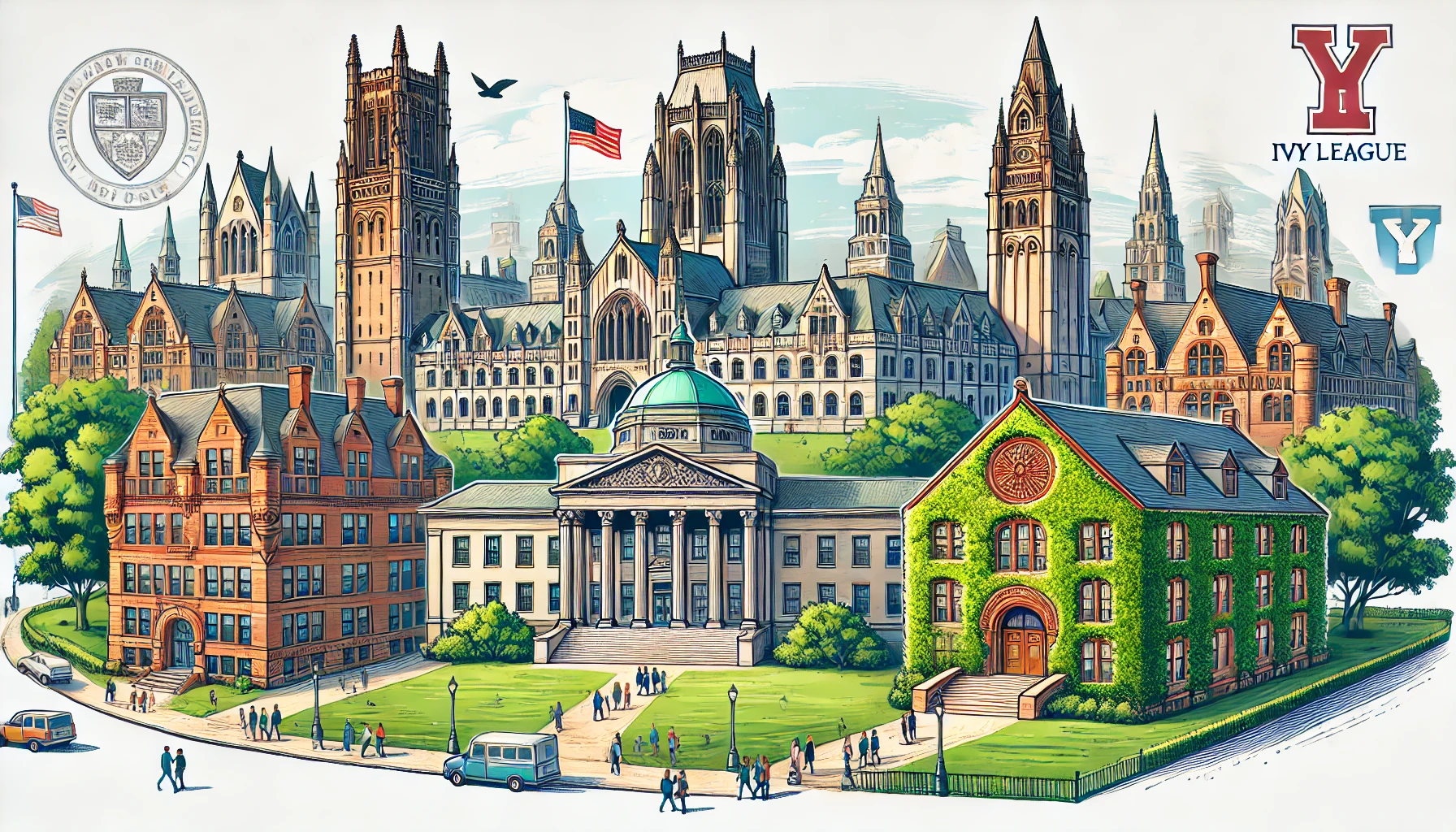 An illustration of the prestigious Ivy League universities in the United States, showcasing iconic buildings like Harvard's Widener Library, Yale's Harkness Tower, and Princeton's Nassau Hall. The scene should have a scholarly and historic atmosphere with students walking around and lush greenery in the background.