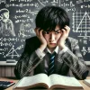 A worried Japanese middle school student sitting at a desk with a math textbook open, looking frustrated and confused. The background includes mathematical symbols and formulas on a blackboard. The scene should evoke the struggle of dealing with challenging math topics in middle school.