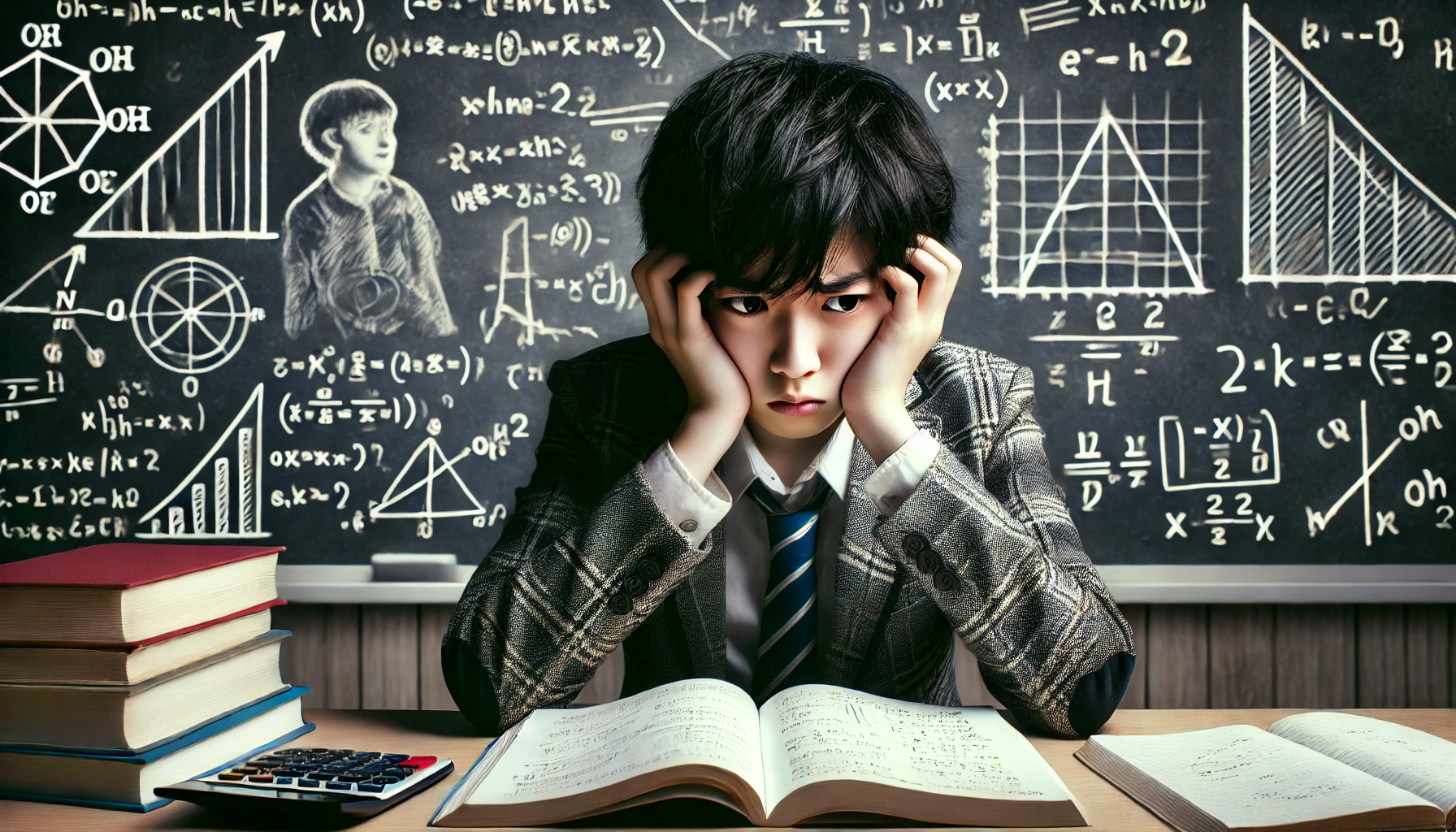 A worried Japanese middle school student sitting at a desk with a math textbook open, looking frustrated and confused. The background includes mathematical symbols and formulas on a blackboard. The scene should evoke the struggle of dealing with challenging math topics in middle school.