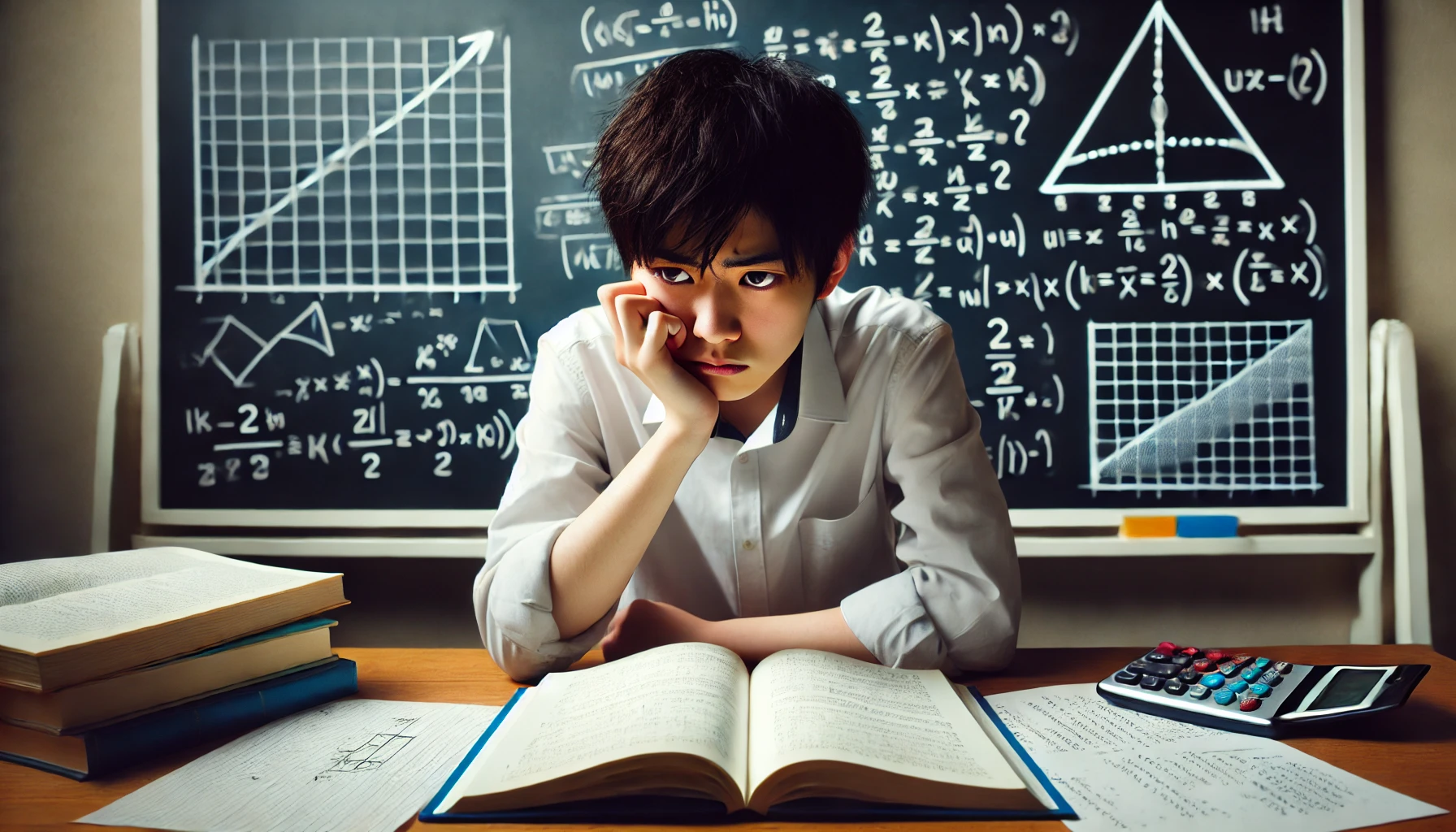 A worried Japanese high school student sitting at a desk with a math textbook open, looking frustrated and stressed. The background includes mathematical equations and graphs on a blackboard. The scene should evoke the difficulty of struggling with advanced math topics in high school.