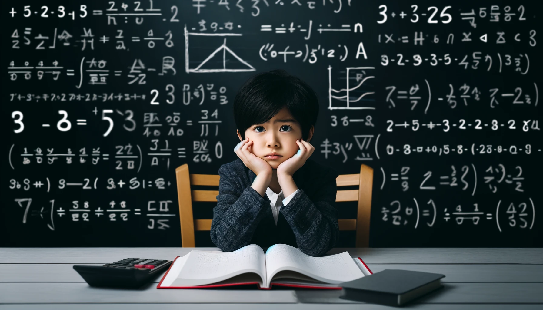 A worried Japanese elementary school student sitting at a desk with a math textbook open, looking frustrated and confused. The background includes mathematical symbols and numbers on a blackboard. The scene should evoke the challenge of struggling with math at a young age.